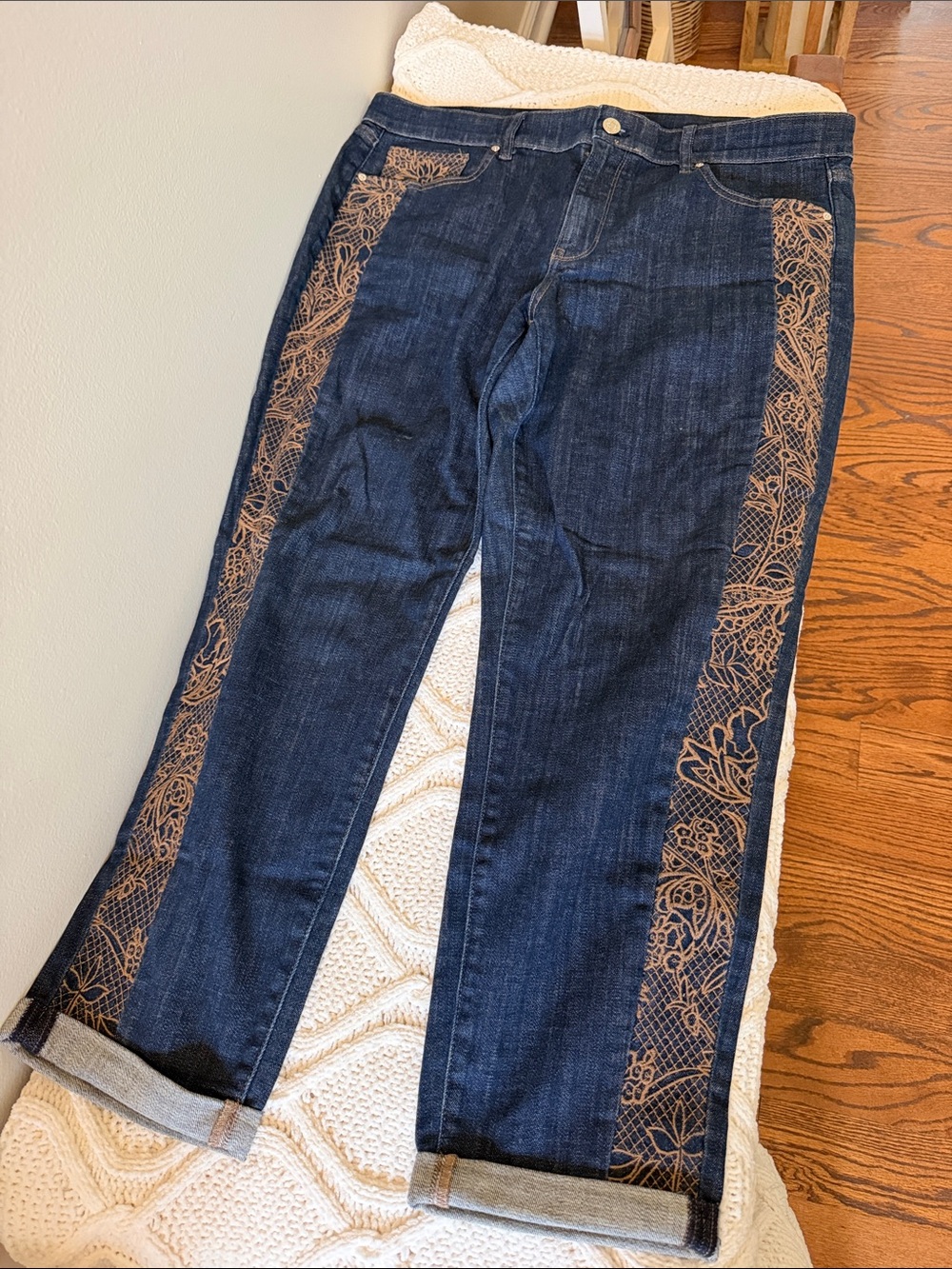 White House Black Market Dark Blue Straight-Leg Jeans with Brown Side Lace Print